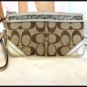 Coach C Print Wristlet Gold Sparkle Leather Cloth
